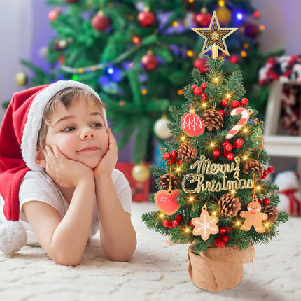HOXHA Mini Christmas Tree, 22 Inch Small Tabletop Set, Star Tree Topper, Pine Cones Berries and Christmas Ornaments for Christmas Holiday Home Office Table Decorations, Green