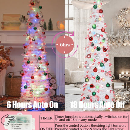 HMASYO 5 FT Pop Up Candy Cane Christmas Tree with Timer Lights and Decorations, Tinsel Christmas Tree with Candy and 24 Balls Ornament, Collapsible Pencil Tree Xmas Decoration for Home, Office, Party