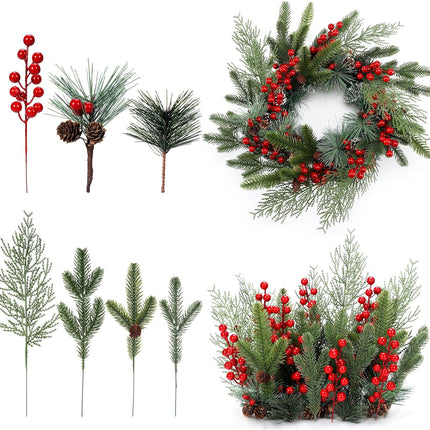 200 Pcs Christmas Artificial Pine Needles Branches Garland Red Berries Stems Greenery Pine Picks with Pinecone Artificial Pine Picks with Red Berries and Natural Pinecones for DIY Wreath