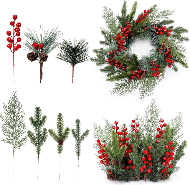 200 Pcs Christmas Artificial Pine Needles Branches Garland Red Berries Stems Greenery Pine Picks with Pinecone Artificial Pine Picks with Red Berries and Natural Pinecones for DIY Wreath