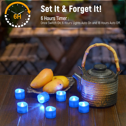 PChero Blue LED Tea Lights Candles with Timer, 12pcs Flameless Flickering Battery Opearted Blue Votive Tealights for Birthday Wedding Party Christmas Valentine Halloween Decor