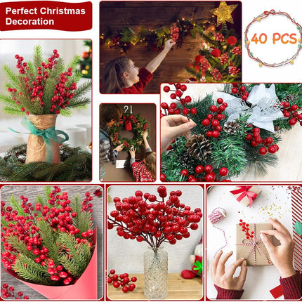 40 Pack Christmas Red Berry Stems, 8.7 Inch Christmas Berries Decorations Artificial Burgundy Berry Picks, Red Holly Berry Branches for Christmas Tree Decoration,Valentines,Wedding,Holiday Home Decor