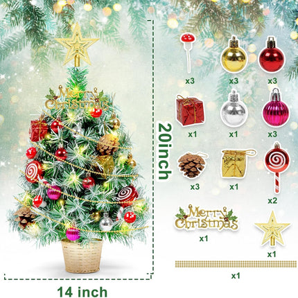 Tabletop Small Xmas Trees, 20" Prelit Mini Christmas Trees with Lights,Battery Operated Artificial Trees with Ball Ornaments,Xmas Lighted Decorations for Home Kitchen Dining