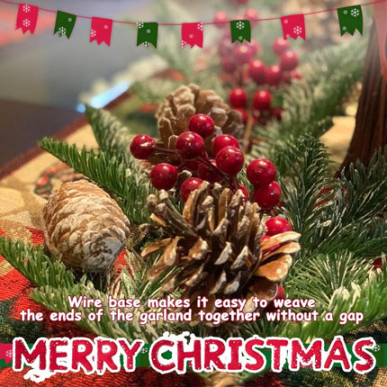 Christmas Pine Garland Artificial 6.3ft with Red Berry Branch Pine Cone, Xmas Tree Garland, Table Runner Decorations, Winter Holiday Decor Outdoor Indoor for Stairs Railing
