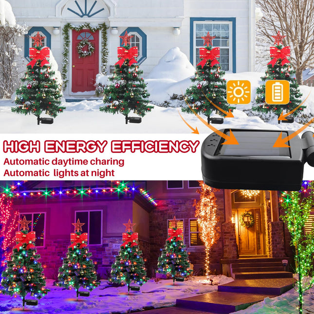 80LED Solar Christmas Tree Lights, 8 Modes Outdoor Christmas Tree Lights with Xmas Ball, Xmas Bell & Red Berry, Solar Powered Christmas Decorations for Outside Pathway Garden Yard Decor, 2PCS