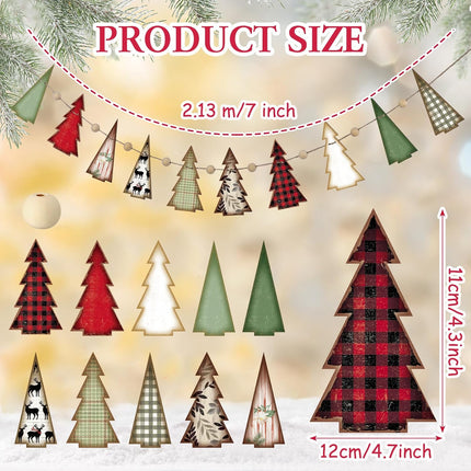 Wooden Rustic Christmas Tree Shaped Banner Farmhouse Christmas Tree Hanging Ornaments Retro Red and Green Xmas Tree Banner for Christmas Party Home Wall Decor Mantel Fireplace