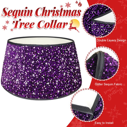 FOTSHARER Christmas Tree Collar Purple 23.6 Inch Sequin Tree Skirt Halloween for Shimmer Glitter Tree Collar Small Xmas Tree Ring Velvet Tree Collar for Pencil Tree Christmas Tree Base Cover Decor