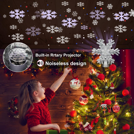 Christmas Tree Topper, Purtuemy 3D Snowflake Projection Lighted Tree Topper Christmas Decorations, 9’’ Silver Snowflake Xmas Ornaments for Indoor Year Holiday Tree Decoration, Idea
