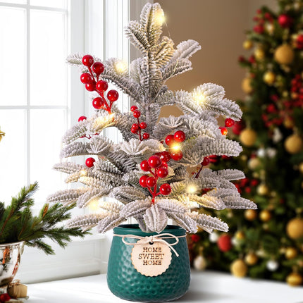 Small Christmas Tree Artificial Mini Tabletop Christmas Tree for Xmas Decor, Pine Greenery with Snow Red Berry Holiday Ornaments Indoor, for Friends Family