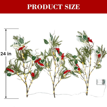 3 PCS Lighted Christmas Evergreen Sprig Branches Tree, Handmade Design with Red Berries Holly Leaves and Pine Leaves, 60 Lights in Total, Timer, Battery Operated for Home Vase Indoor Outdoor
