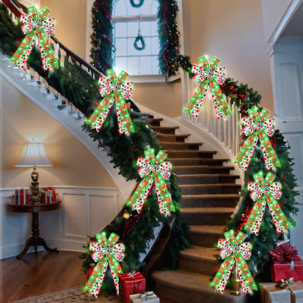 Hiboom 2 Pack Lighted Christmas Tree Topper Bows, 20 x 12'' Large Christmas Wreath Bow Tree Topper, Red Green White Candy Ribbon Bows for Xmas Ornament Holiday Front Door Fireplace Home Decorations
