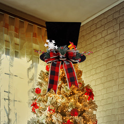 yofit Christmas Tree Topper Hat, Black Velvet Hat with Red Buffalo Plaid Bow Red Berry Snowflake, Christmas Tree Decorations Top Hat, Desktop Ornaments for Home Holiday Winter Decor