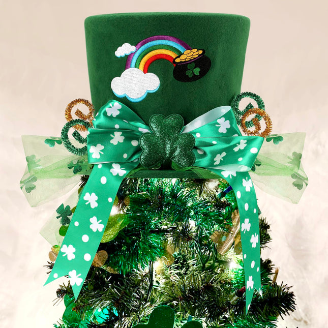 CiyvoLyeen St. Patrick Day Tree Topper Hat Large Green Velvet Hat Leprechaun Top Hat for Christmas Tree Decor Green Shamrock Bowknot Irish Home Decor Wreath Attachment Idea