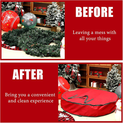 1 Pcs 60 Inch Christmas Wreath Storage Bag Zippered Garland Holiday Container with Reinforced Handle Tear Resistant 600d Oxford Wreath Organizer Christmas Wreath Holder with Card (Red)