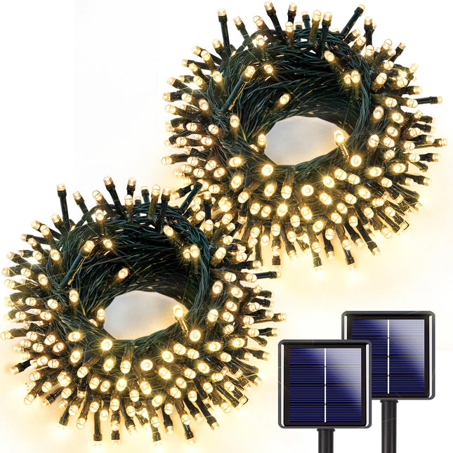 2-Pack Solar String Lights Outdoor, Total 240 LED Extra-Bright Solar Christmas Lights, Waterproof 8 Modes Solar Lights for Outside Christmas Decorations Tree Yard Garden Patio Wedding(Warm White)