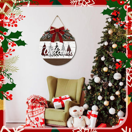 Boao Christmas Door Sign Merry Christmas Welcome Hanging Wall Sign for Front Door 11.8'' Round Xmas Tree Christmas Wreath Wooden Porch Sign with Bow Porch Farmhouse Home Wall Decor(Novel)