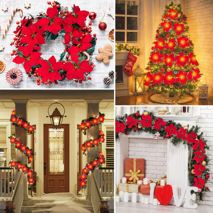 2 Pack Poinsettia Garland Christmas Decorations, Velvet Silk Artificial Flowers 6ft Garland with Red Berries and Holly Leaves for Indoor Outdoor Party Tree Decor