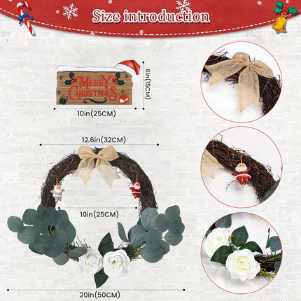 Christmas Wreath 20" Christmas Wreath for Front Door Christmas Garland, Grapevine Wreath Santa Claus Wreath with Merry Christmas Wooden Door Sign Decorations