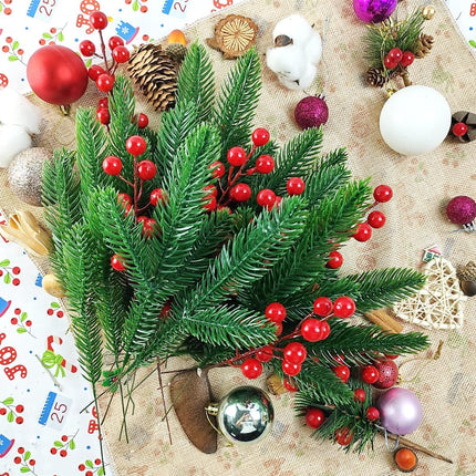 32PCS Artificial Pine Branches Christmas Holly Berries Artificial Red Berry Stems for Christmas Wreath Decorations Xmas Tree Decoration