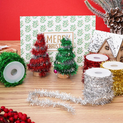 Tongcloud 4 Rolls Christmas Tinsel Ribbon Metallic Garland Tinsel Garland Christmas Metallic Tinsel Ribbon Glitter Tinsel Ribbon for Christmas (Gold, red, green, Silver, 19.6feetx0.7inches)