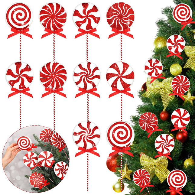 Wettarn 10 Pcs Christmas Picks for Tree, 8.7 Inch Christmas Lollipop Candy Picks Christmas Tree Picks with Ribbon Christmas Tree Decorations for Xmas Tree Topper Home Vase Party Ornaments(Red)