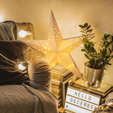 24 Inch Paper Star Lantern with 8 Mode 60 LEDs Firework Fairy Lights, 5 Points Paper Star Lantern Foldable, Hollow Out Star Hanging Decoration for Indoor Outdoor Room Wedding Christmas - 2 Pack