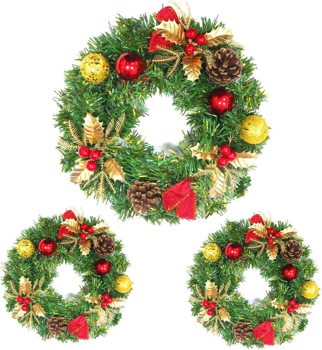 3 Pcs 11.5 Inch Small Christmas Wreath Mini Christmas Door Wreath with Gold Holly Pine Tips Xmas Ball Christmas Decorations for Indoor Window Wall Stairs Room Home Office Decor Kitchen