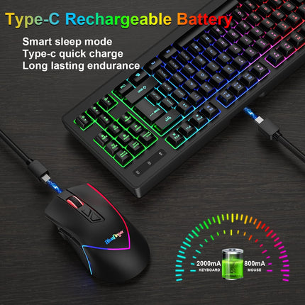Wireless Gaming Keyboard and Mouse Combo, Long Lasting Rechargeable Battery 87 Keys RGB Rainbow Backlit Gaming Keyboard & Ergonomic Light Up Gaming Mice for Mac Laptop Computer PC Gamer