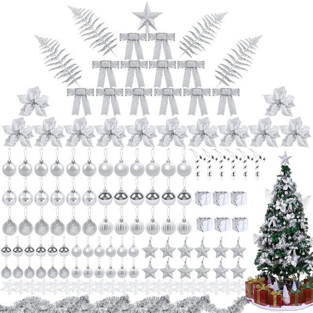 Aodaer 142 Pieces Silver Assorted Christmas Tree Ball Ornament Set Shatterproof Hanging Decoration, Christmas Tree Ball, Glitter Poinsettia, Bowknot, Tinsel, Leaves for Xmas Tree Holiday Wedding Party