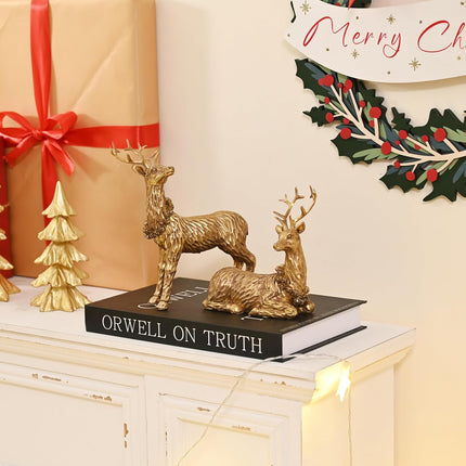 Gold Reindeer Christmas Decoration, 2Pcs Small Christmas Reindeer Figurines Indoor, Tabletop Reindeer Statue Christmas Decor, Resin Deer Figurine Decorations for Home