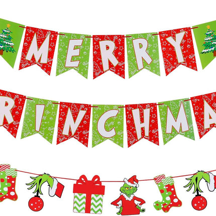 Red Green Merry Grinchmas Banner and Grinches Garland, Grinches Christmas Decorations,Grinchmas Christmas Decorations Supplies, Grinches Christmas Decor for Xmas Home Fireplace Mantle