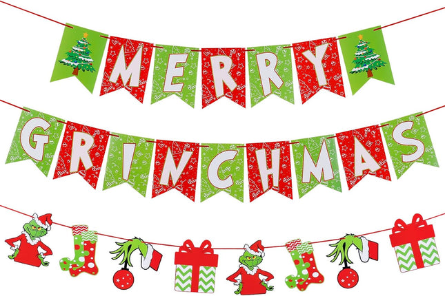 Red Green Merry Grinchmas Banner and Grinches Garland, Grinches Christmas Decorations,Grinchmas Christmas Decorations Supplies, Grinches Christmas Decor for Xmas Home Fireplace Mantle