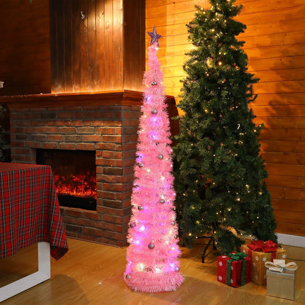 Hiboom 2 Pcs Collapsible Pop up Christmas Tinsel Tree with Light Hanging Ornament 5 ft Artificial Pencil Christmas Tree Decoration Star Pop Tree Artificial Xmas Tree for Decoration(Pink)