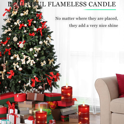 Red Flameless Candles with String Lights Battery Operated LED Pillar Candles 4‘’ 5‘’ 6‘’ Candle with Remote Control,Fake Candle Set of 3 for Christmas or Special Festivals Decorations