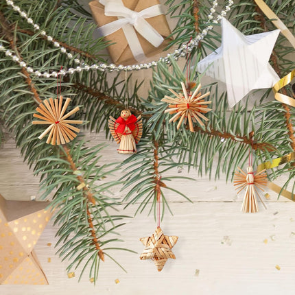 56 Pcs Straw Ornaments Set Scandinavian Christmas Decorations Including Stars Snowflakes Hearts Angel Wreath Goats/Julbuck for Danish Norwegia Nnordic Christmas Tree (Heart)