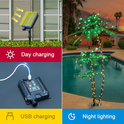LIGHTSHARE Lighted 6FT Gorgeous Palm Tree 3Trunks Artificial Palm Tree 203LED Lights for Decoration Outdoor and Indoors Tiki Bar Christmas Patio Pool-Solar