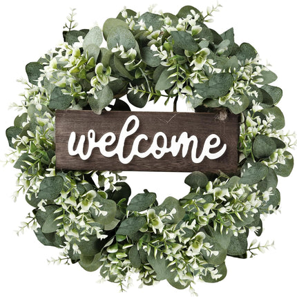 Sggvecsy 16in Artificial Eucalyptus Wreath with Welcome Sign Green Eucalyptus Leaf Wreath Greenery Wreath Round Leaves Wreath for Front Door Wall Window Festival Farmhouse Porch Patio Garden Decor