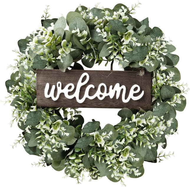 Sggvecsy 16in Artificial Eucalyptus Wreath with Welcome Sign Green Eucalyptus Leaf Wreath Greenery Wreath Round Leaves Wreath for Front Door Wall Window Festival Farmhouse Porch Patio Garden Decor
