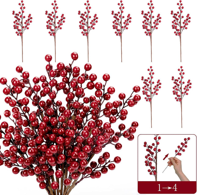 HOHOTIME Christmas Holly Berry Stem Ornaments, 8 Large Branches/32 Small Branches Artificial Berry Stem, Removable Artificial Glitter Berry Stem Ornaments, Home Decorative for Christmas Tree Wreath