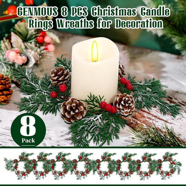 GENMOUS 8 Pcs Christmas Candle Rings Mini Wreaths, Snowy Pine Candle Garlands with Artificial Red Berries Pinecones,Christmas Centerpieces for Tables,Pillar Candle Rings Wreaths for Winter Home Decor