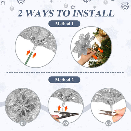 24 Pcs Artificial Glitter Christmas Tree Picks, Boxed 12 Poinsettia Flowers+ 6 Berry Stems+ 6 Flowers Berry Leaves Decorations Set, Indoor Outdoor Holiday Ornaments Decor, Sliver