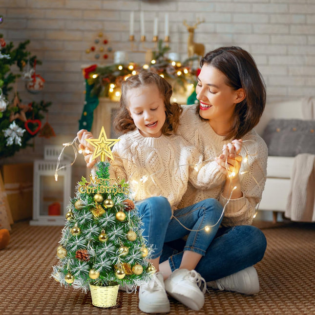 Small Prelit Christmas Tree, 20" Tabletop Mini Xmas Trees, Snow Flocked Battery Operated Tiny Artificial Trees with Lights, Balls Ornaments, Lighted Xmas Decorations for Table Centerpiece