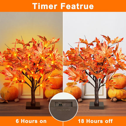 FastDeng 1.5ft Lighted Maple Tree, Artificial Fall Tree Light, Timer 36 LED Light, 72 Leaves, 6 Acorns Autumn Tabletop Tree Battery Operated for Indoor Fall Harvest Home Decor, Thanksgiving Decoration