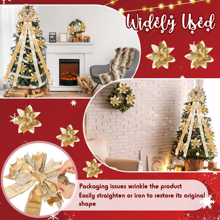 Christmas Tree Topper Bow Set Include 12 Pcs Artificial Poinsettia Flowers and Large Velvet Bow with Long Streamers Sun Flower Shape Bow for Xmas Indoor Party Decor(Champagne Gold)