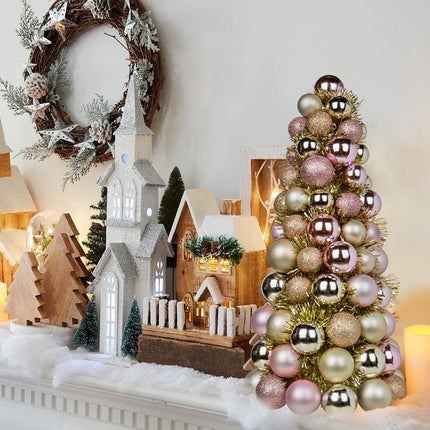 16" Mini Christmas Tree, Small Xmas Tree Decorations with 94 PCS Shatterproof Christmas Ornaments Balls for Christmas Party Centerpiece -Gold Pink
