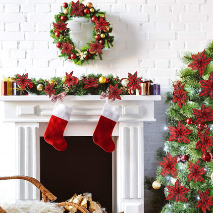 Syhood 12 Pieces Buffalo Plaid Poinsettias Christmas Tree Ornaments Artificial Christmas Flowers with Glitter Powder for Christmas Tree Wreaths Garland Holiday Decorations 6.7 Inch (Red and Black)