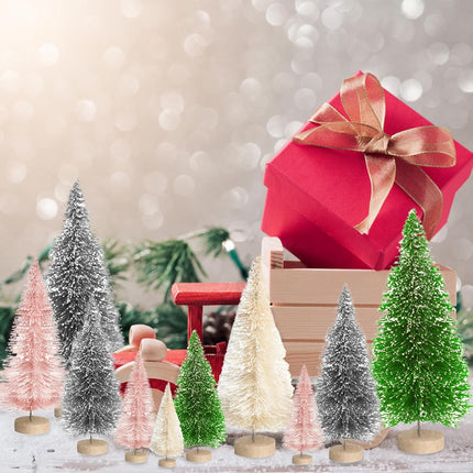 8pcs Mini Christmas Tree, Artificial Bottle Brush Trees with Wood Base, Tabletop Miniature XmasTrees with 4 Small Christmas Wreath, Fake Xmas Tree Ornament, White Christmas Tree for Christmas Décor