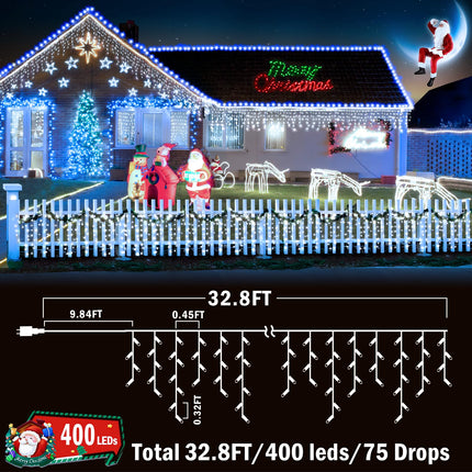 KNO Christmas Lights Outdoor Decorations 400 LED 33ft 8 Modes Curtain Fairy String Light with 75 Drops, Clear Wire LED String Light Decor for Wedding Party Holiday Christmas Decorations Cool White