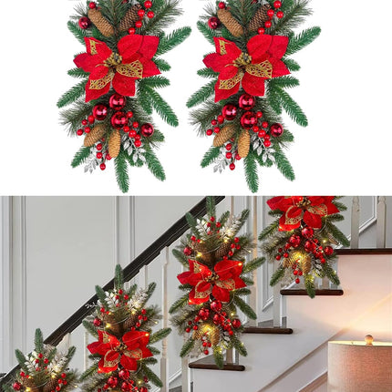 2PCS Christmas Teardrop Swag Christmas Wreaths 18'' Xmas Stairway Swag Wreath Artificial Christmas Swags Decorations for Front Door Indoor Outdoor Wall
