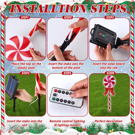 6 Pack 27.5" Christmas Lollipop Pathway Lights with Bows Outdoor Green Red White Solar Lights Christmas LED Decor with 8 Lighting Modes Candy Cane Lollipops Peppermint Stake Lights